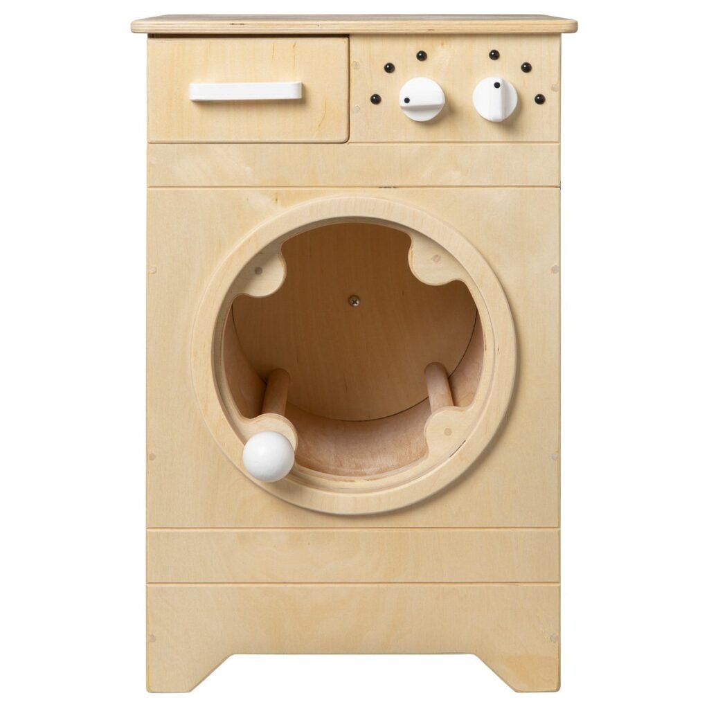 Vooraanzicht van de Van Dijk Toys Houten Speelgoed Wasmachine Naturel/Wit met draaideur en bedieningsknoppen