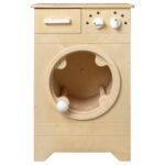 Vooraanzicht van de Van Dijk Toys Houten Speelgoed Wasmachine Naturel/Wit met draaideur en bedieningsknoppen