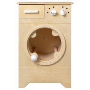 Vooraanzicht van de Van Dijk Toys Houten Speelgoed Wasmachine Naturel/Wit met draaideur en bedieningsknoppen