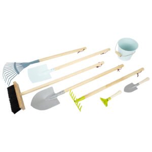 Houten kinder tuingereedschapset met emmer, bezem en hark