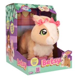 Verpakking van Betsy interactieve knuffelkonijn met roze strikjes