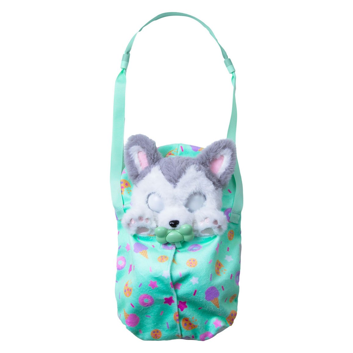 interactieve-husky-knuffel-mintgroene-tas Cuddle Pets Husky Interactieve Knuffel in mintgroene tas met snoep en ijs patroon