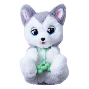 Interactieve husky knuffel met open ogen en groen botje