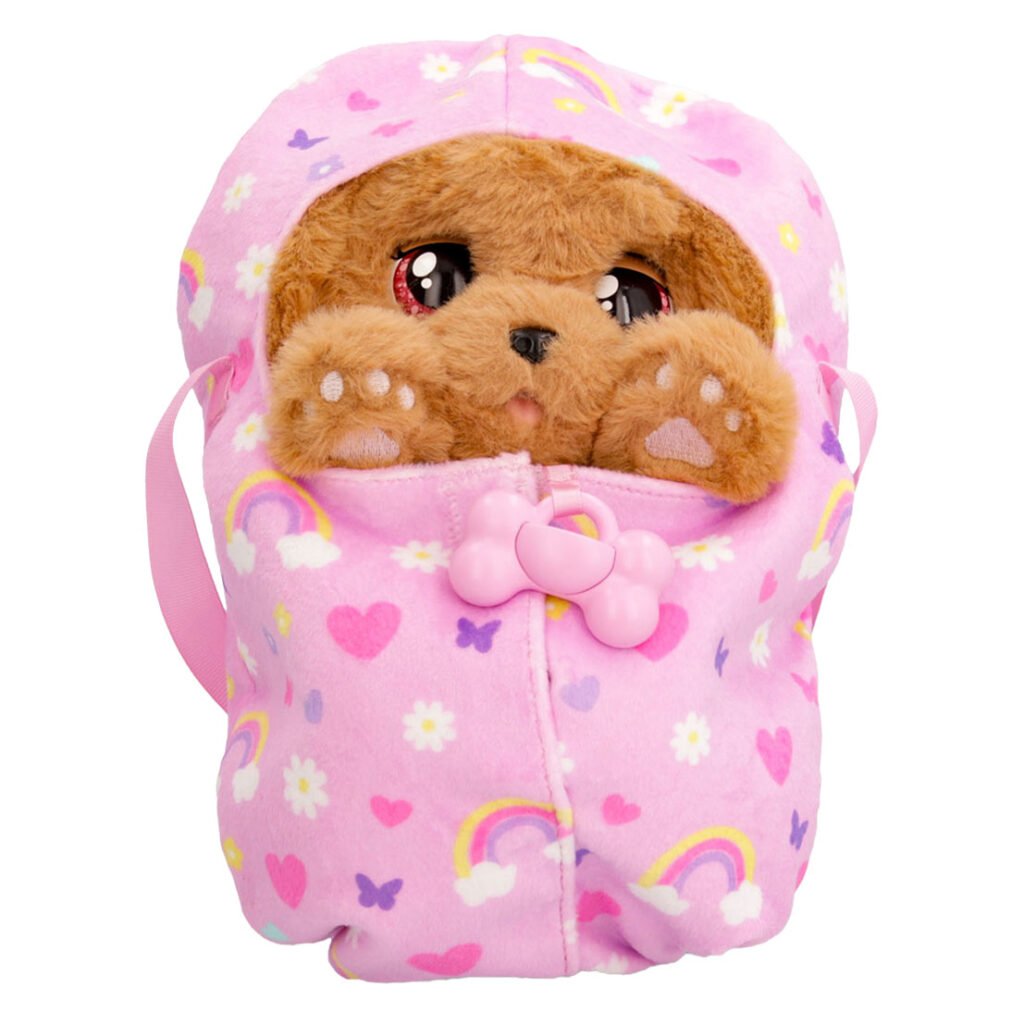 Cuddle Pets Cocker Interactieve Knuffel hondje kijkt uit roze draagzak met regenboogprint