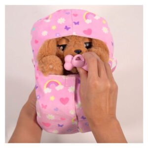Interactieve knuffelhond in roze draagzak met speentje