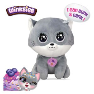 Grijze Winkies knuffelkat met grote ogen en grafische illustratie van knipperende kat