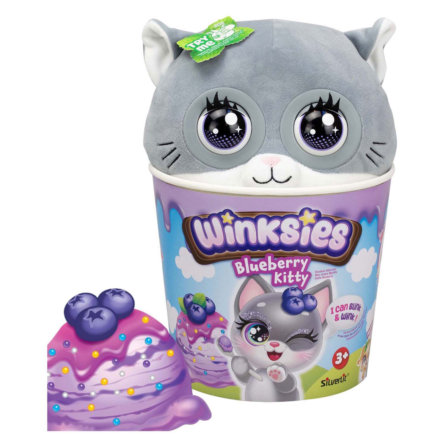 interactieve-knuffelkat-winkies-blue-berry-kitty-in-verpakking. Silverlit Winksies Blauwe Kat Interactieve knuffel in verpakking met ijsdessert illustratie