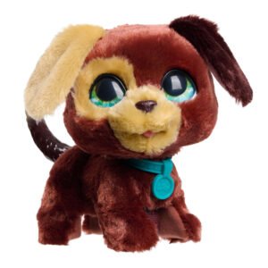 Close-up van interactieve bruine puppy met groene ogen en blauw halsbandje