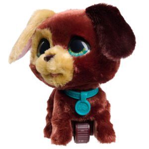 Interactieve bruine puppy op wieltjes met één beige oor en groene ogen