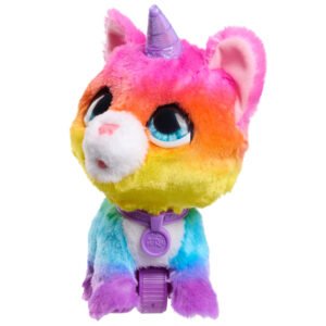 Interactieve regenboog unicorn kat knuffel met grote blauwe ogen en paarse hoorn