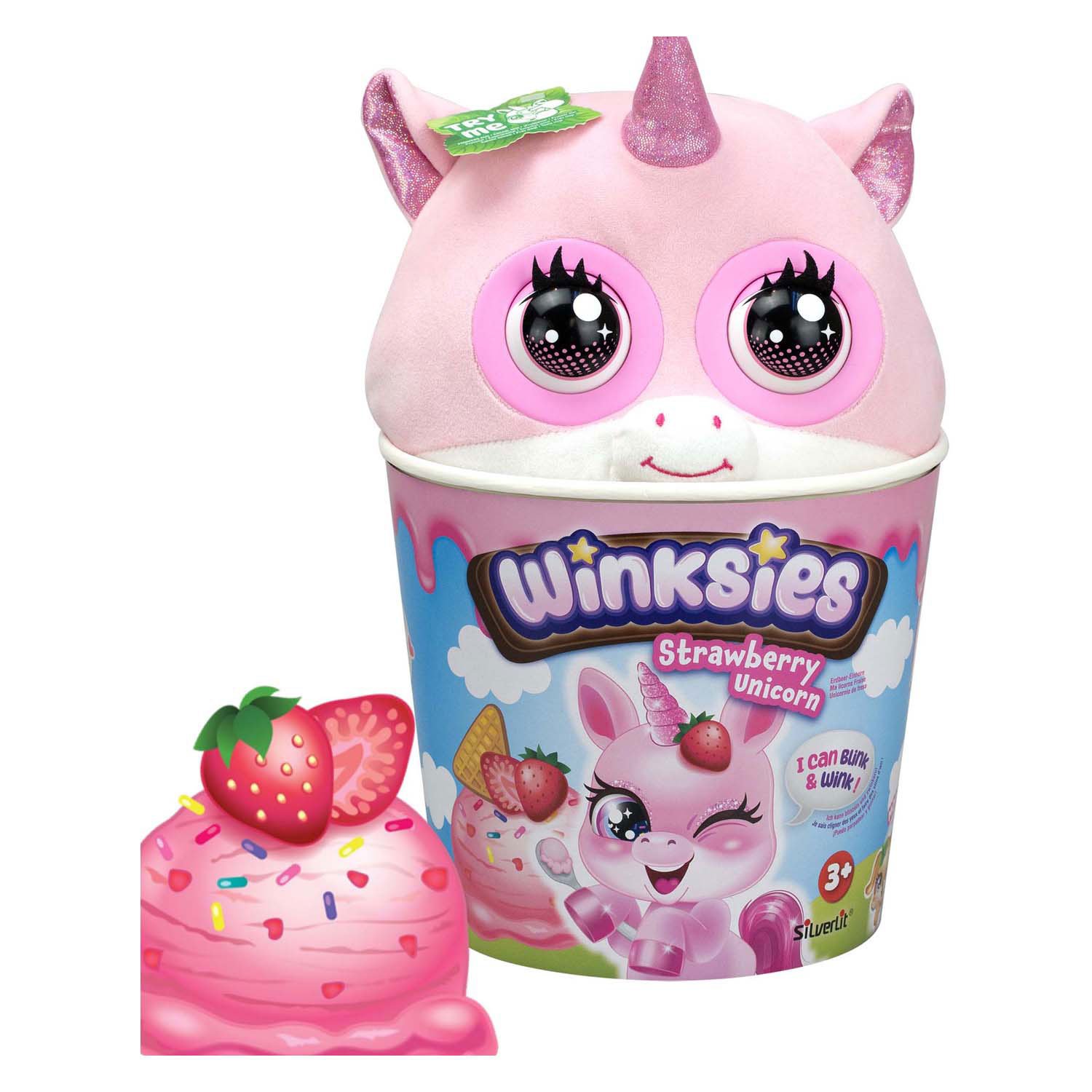 interactieve-roze-eenhoorn-knuffel-verpakking-winksies Silverlit Winksies Aardbei Eenhoorn Interactieve knuffel in verpakking met aardbei en ijs illustratie