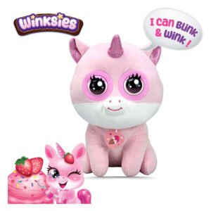 Roze interactieve eenhoorn knuffel met grote knipperende ogen en Winksies logo