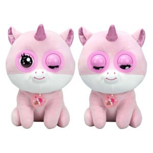 Twee interactieve roze eenhoorn knuffels naast elkaar met knipperende ogen