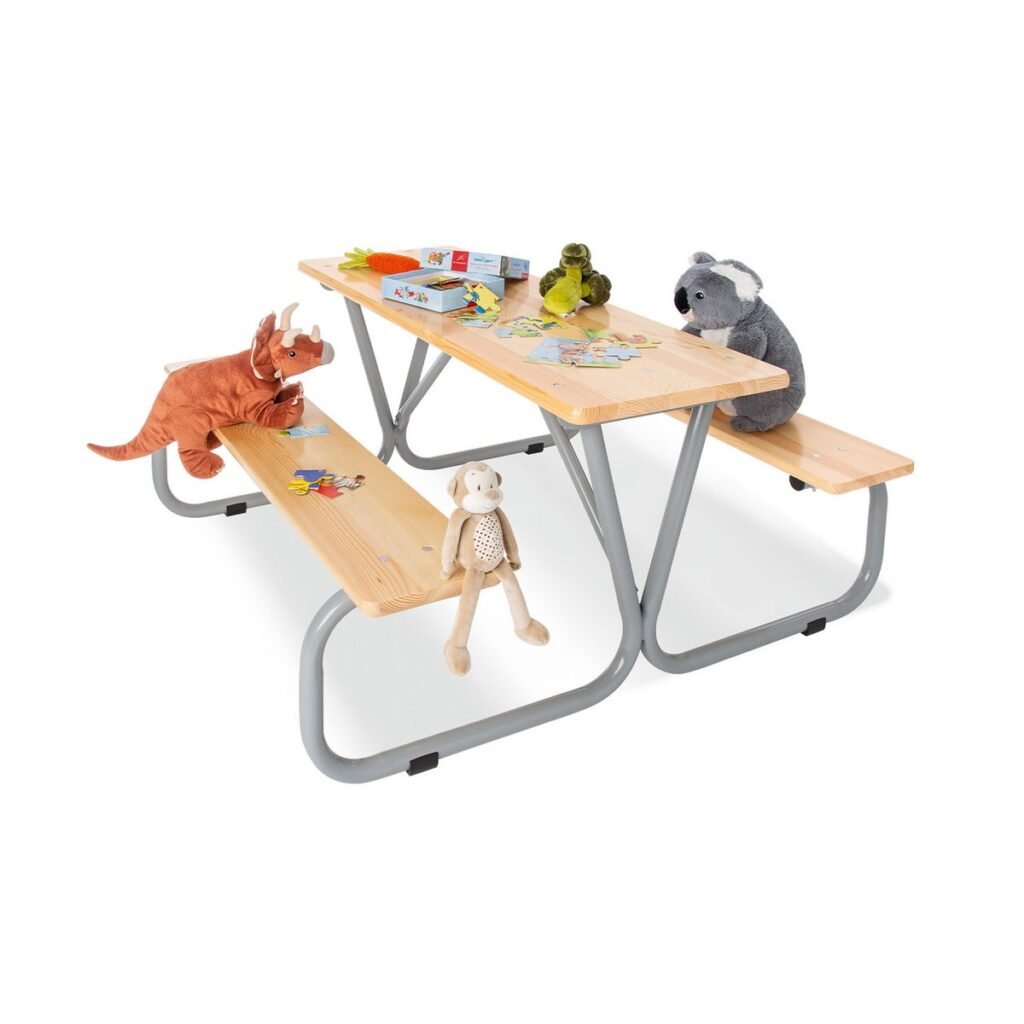 Pinolino Kinder Picknickbank Michel for 6 met speelgoed en dierenknuffels op tafel en banken