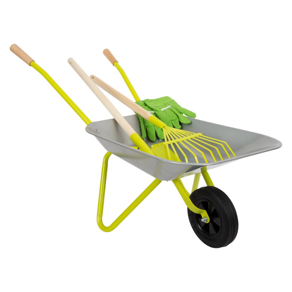 Small Foot metalen kruiwagen met tuingereedschap en handschoenen