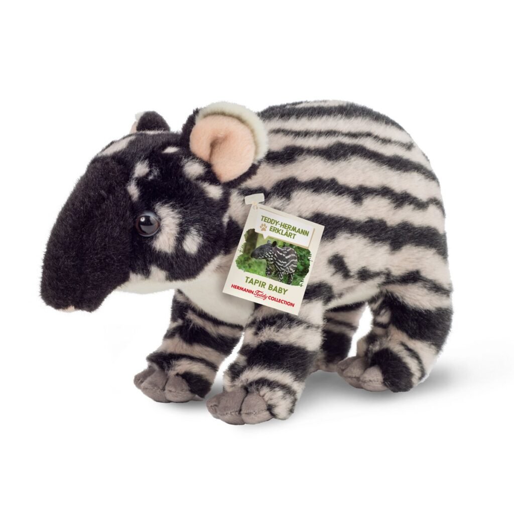 Knuffel Tapir Baby rechtopstaand met zwarte strepen en realistisch label