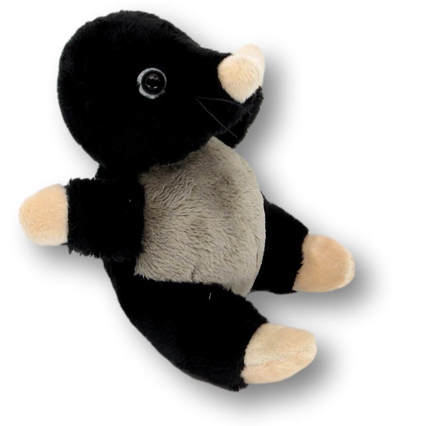 knuffel-mol-zwart-grijs-zijaanzicht Zachte Knuffel Mol Leve met zwart-grijze vacht in zijaanzicht