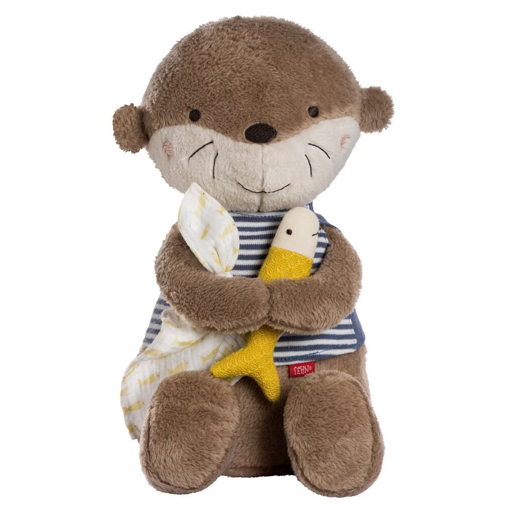 Fehn Knuffel Otter XL met zachte stof en kleurrijke vis