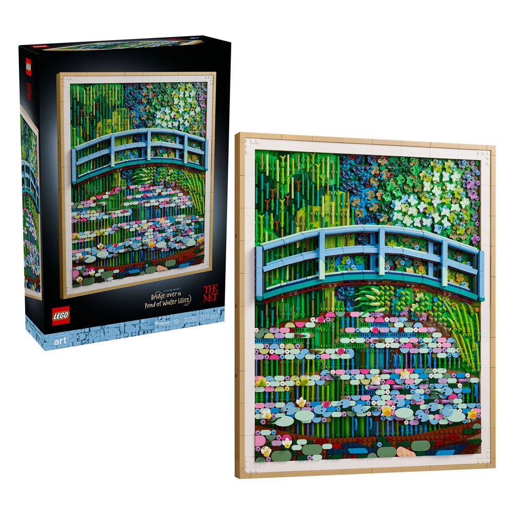 LEGO Art 31220 Brug over Vijver met Waterlelies Monet kunstwerk naast originele doos