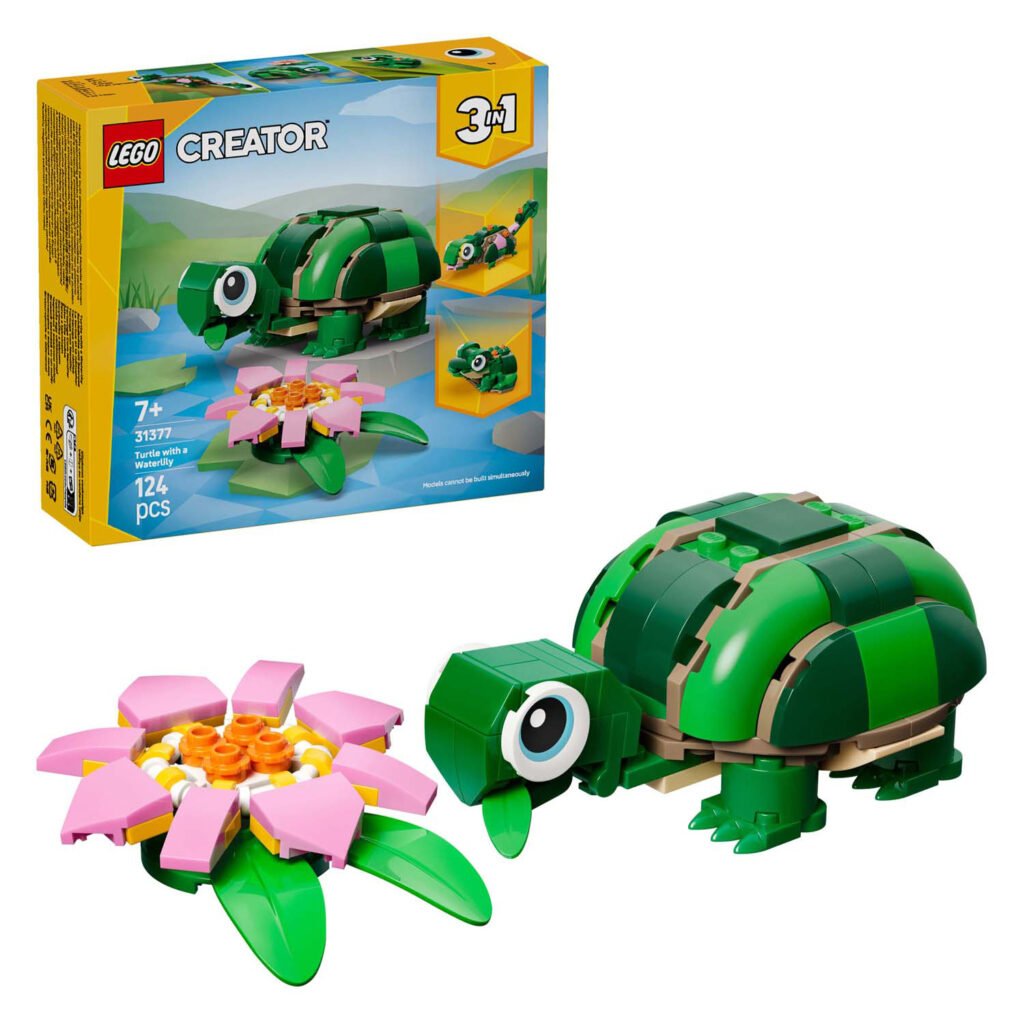 LEGO Creator 31377 schildpad met waterlelie naast verpakking