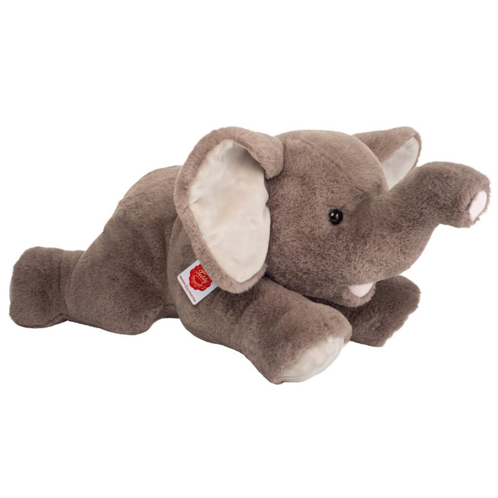 Zachte Knuffel Olifant Liggend van pluche in taupe kleur schuin vooraanzicht