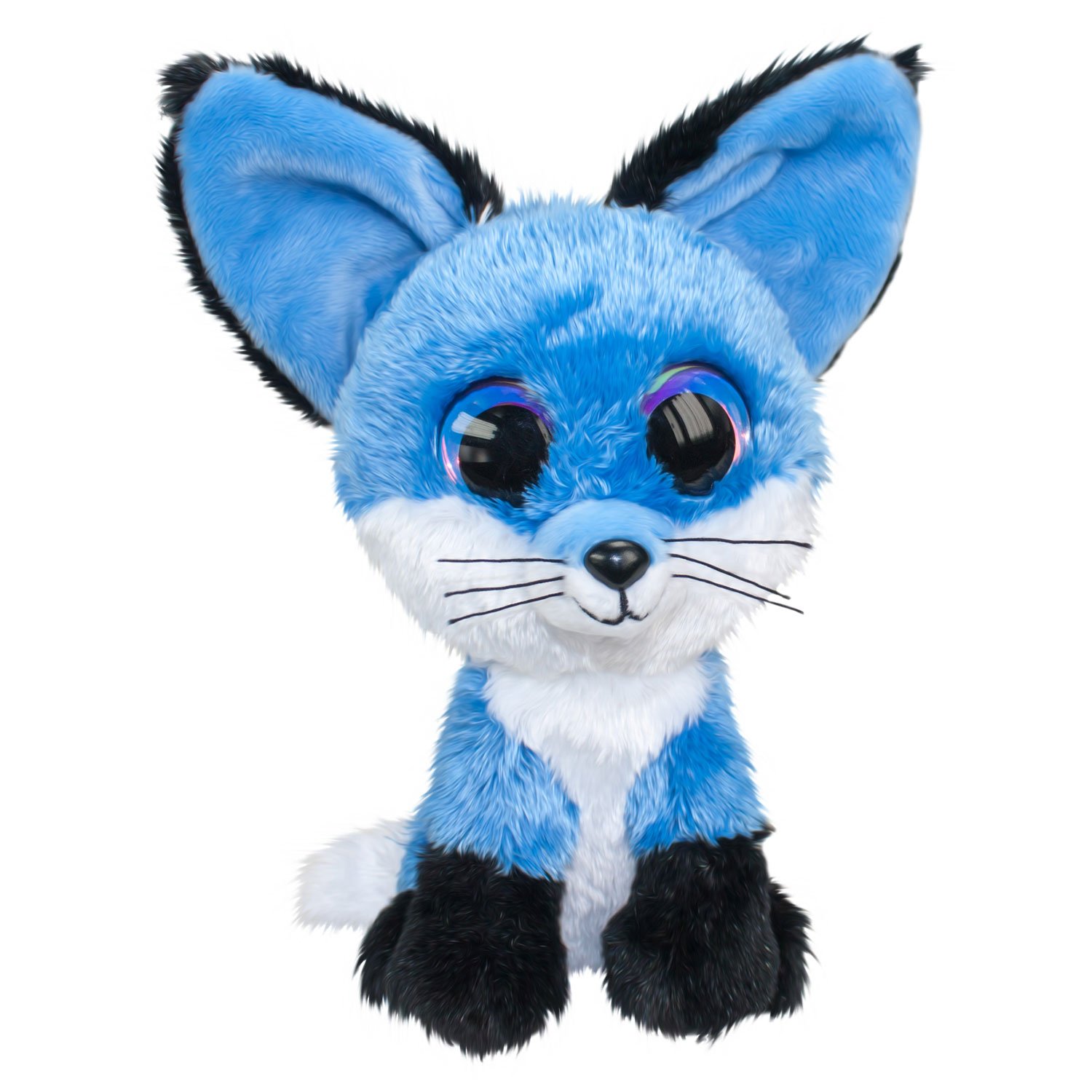 lumo-stars-blauwe-witte-pluche-vos-grote-ogen Schattige blauwe en witte pluche vos met grote ogen en zwarte poten Lumo Stars Knuffel - Vos Blueberry