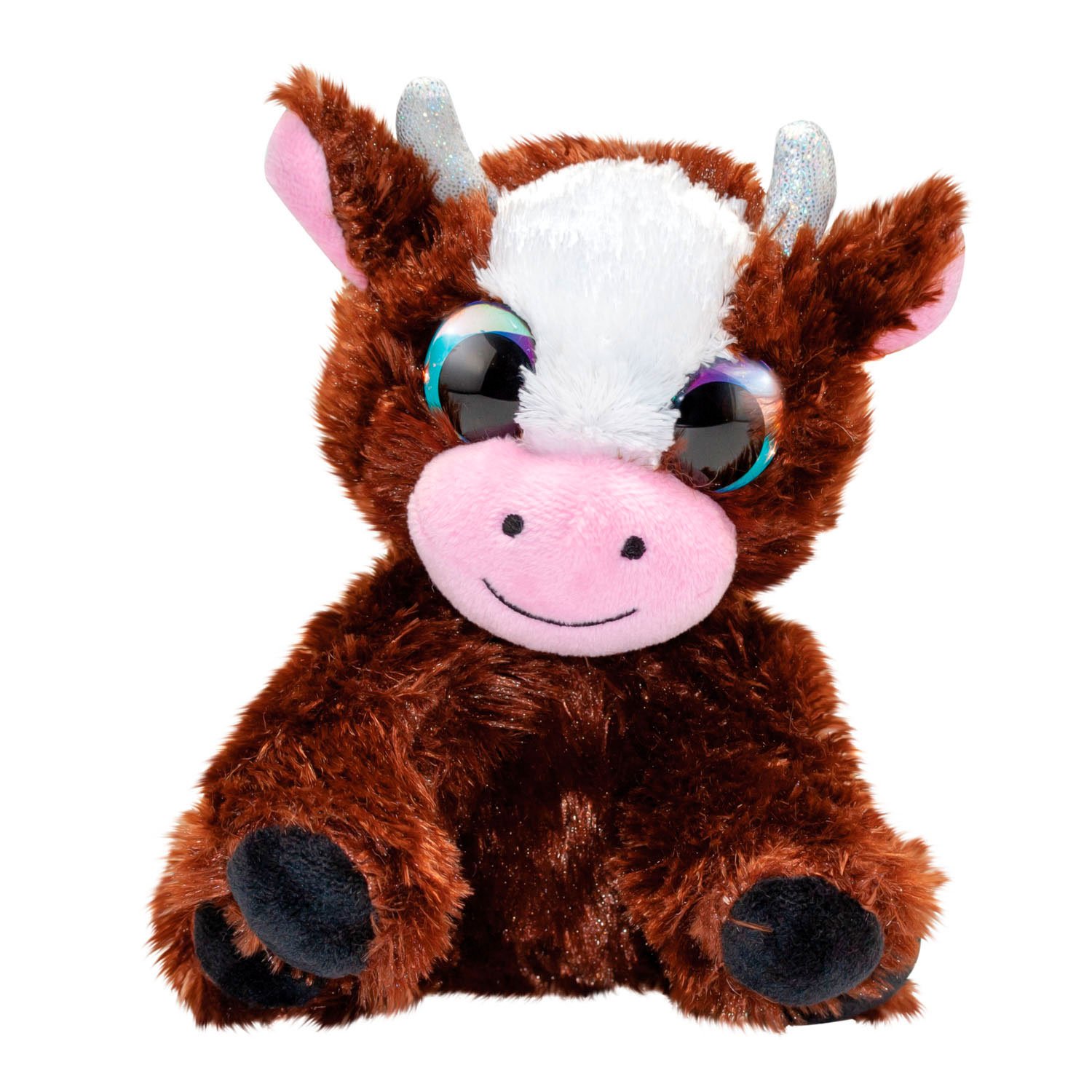 lumo-stars-bruine-pluche-koe-grote-glinsterende-ogen Bruine pluche koe met grote glinsterende ogen en zachte vacht Lumo Stars Knuffel - Koe Molly