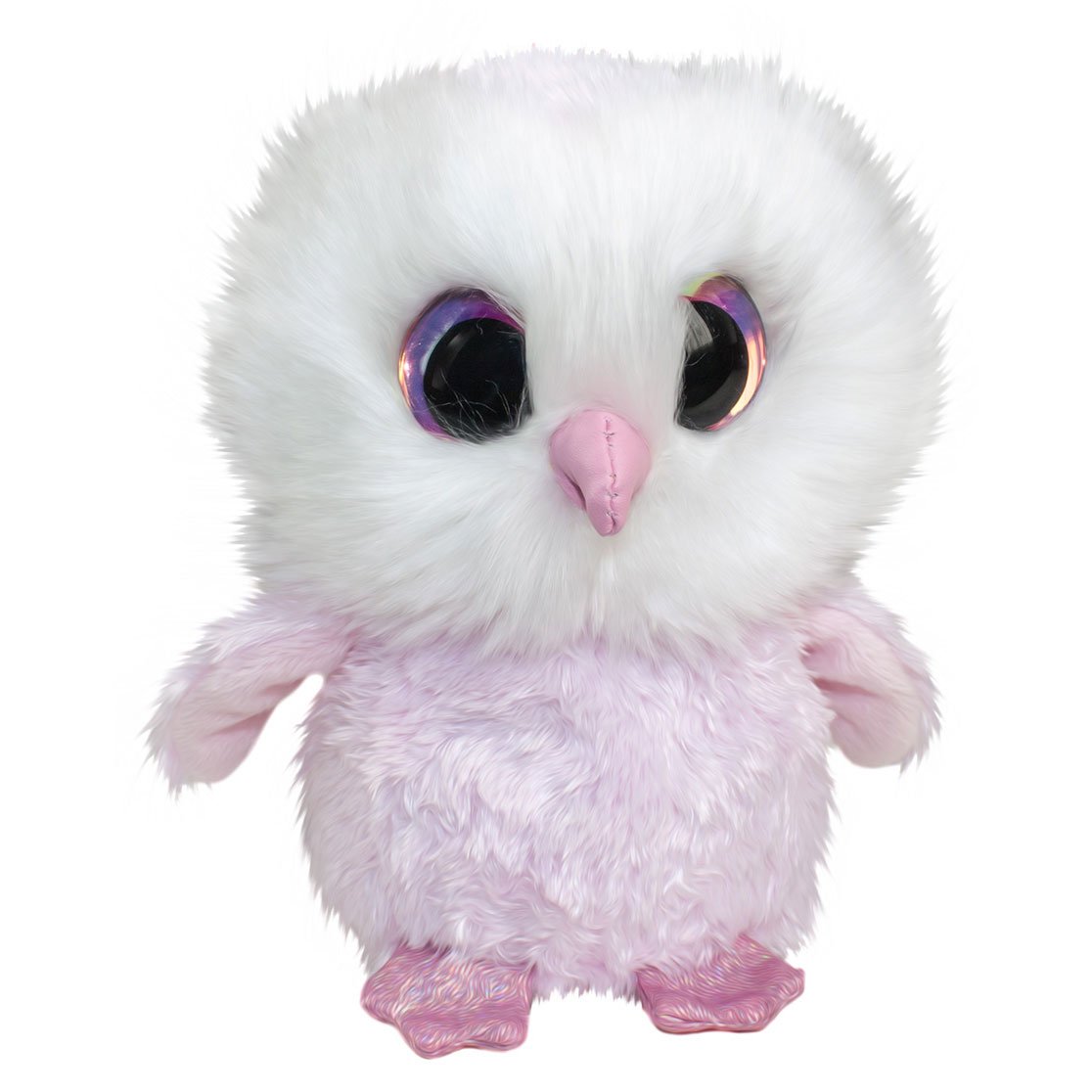 lumo-stars-pluizige-witte-roze-knuffeluil-glanzende-ogen knuffeluil met witte en roze pluizige vacht en grote glanzende ogen Lumo Stars Knuffel - Uil Pollo