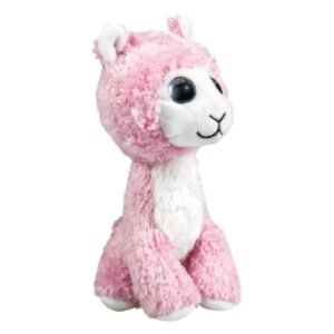 Roze alpaca knuffel met grote ogen in schuin vooraanzicht