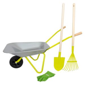 Metalen kruiwagen met schep, hark en werkhandschoenen