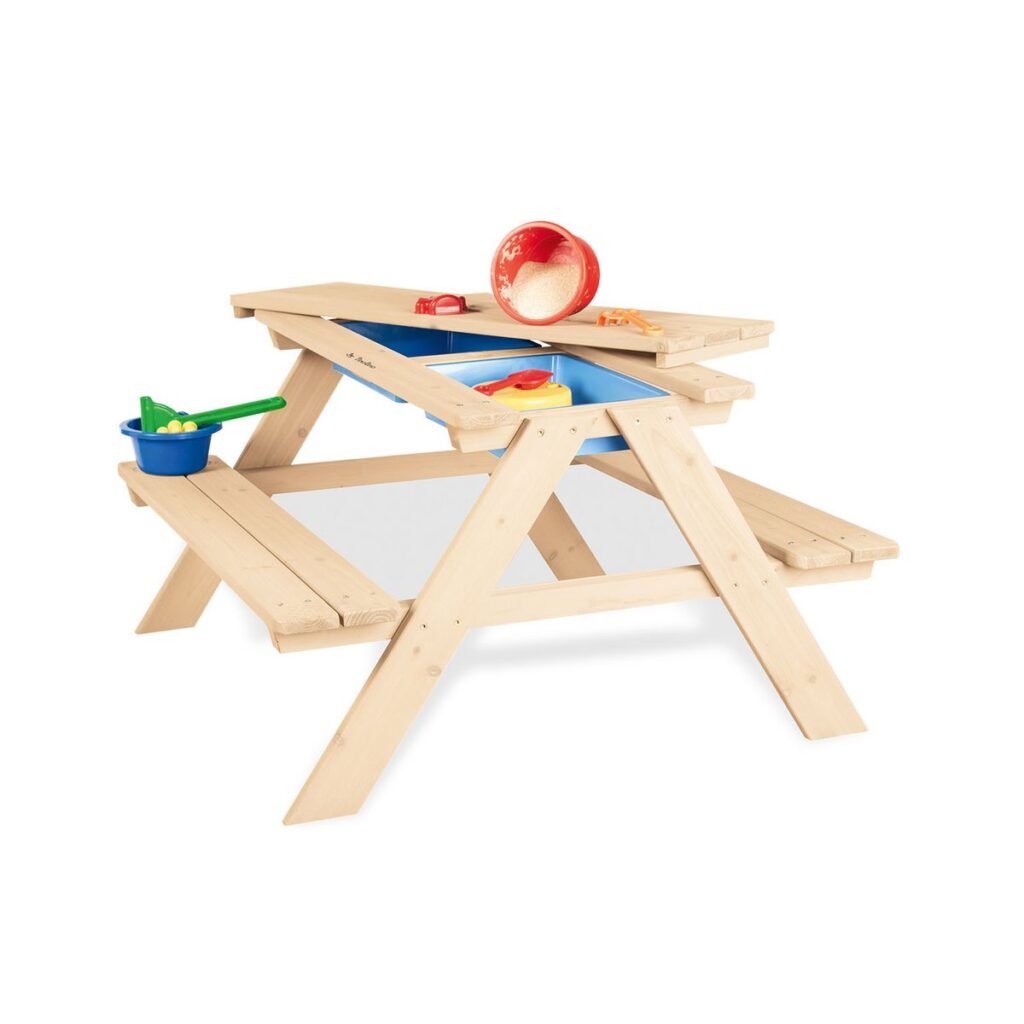 Volledige houten zand- en watertafel met afmetingen in buitenomgeving. Pinolino Picknick en Modderbank Matsch-Nicki For 4