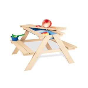 Volledige houten zand- en watertafel met afmetingen in buitenomgeving. Pinolino Picknick en Modderbank Matsch-Nicki For 4