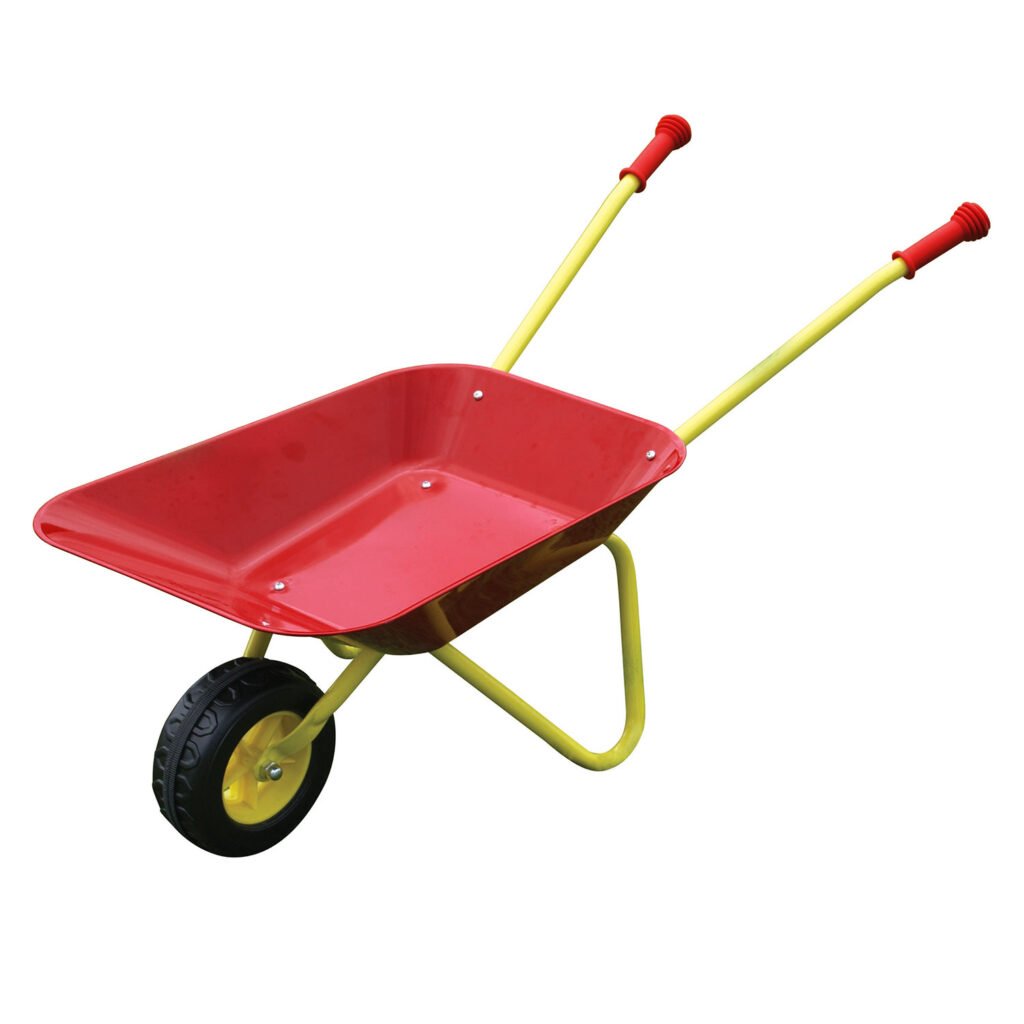 Rode kruiwagen met geel frame en zwart wiel voor tuin- en kluswerk Metalen Kruiwagen Rood