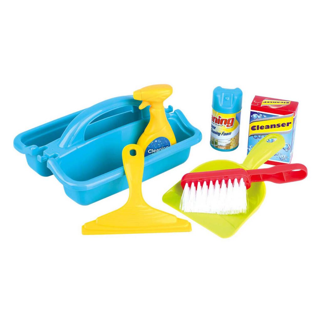 Kinder schoonmaak speelgoed set met blauwe caddy, sprayfles en schoonmaakaccessoires op witte achtergrond Playgo Huishoud Schoonmaakset