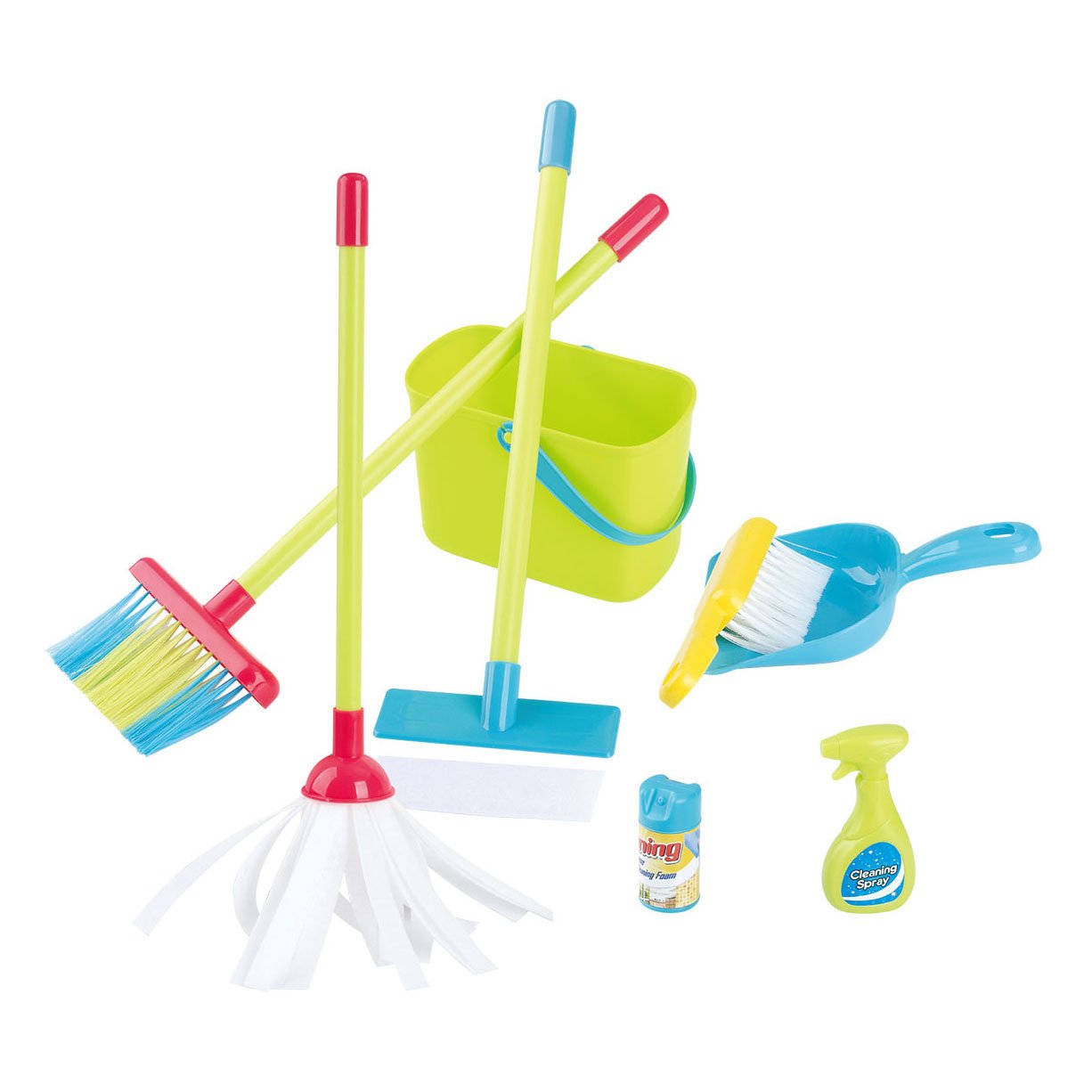 playgo-kinder-schoonmaak-speelgoedset-bezem-mop-emmer Kinder schoonmaak speelgoedset met bezem, mop en emmer op witte achtergrond Playgo Schoonmaak Speelset