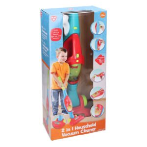 Verpakking van 2-in-1 huishoudelijke speelgoed stofzuiger met kind op de doos Playgo Stofzuiger - 2in1