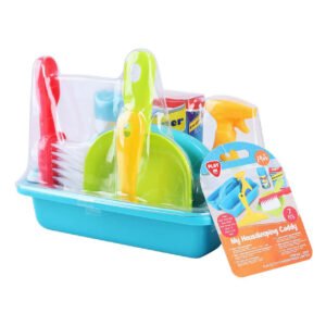 Verpakt kinder schoonmaak speelgoed set in plastic blisterverpakking met caddy, borstel en accessoires