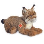 Realistische Knuffel Liggende Lynx met stippen op witte achtergrond