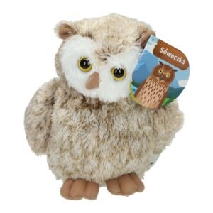 Pluche uil knuffel met geel-zwarte ogen en beige-bruin zacht bont, close-up