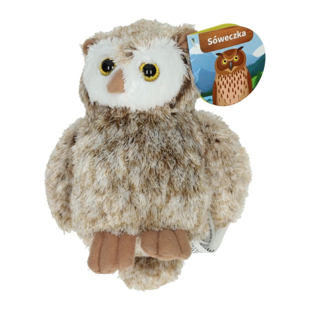 Pluche uil knuffel met label 'Sóweczka', volledig lichaam zichtbaar Pluche Knuffel Uil