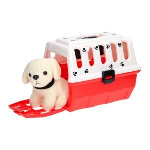 Pluchen puppy in rode speelgoed draagbench voor dierenarts rollenspel