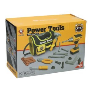 Achterzijde verpakking van Power Tools speelgoed gereedschapset voor kinderen