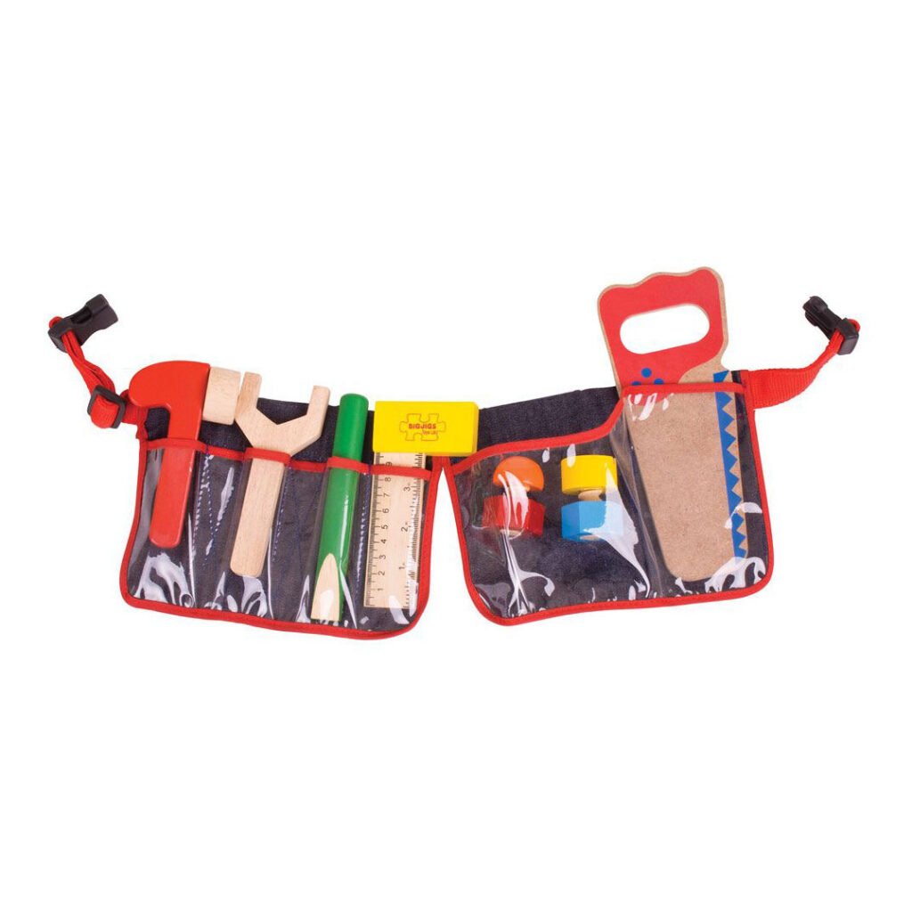 Bigjigs Rode gereedschapsgordel gevuld met houten speelgoedgereedschap