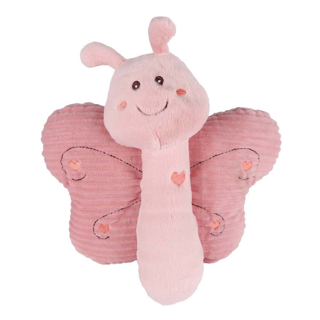 Roze knuffelvlinder van zachte stof met geborduurde hartjes Mini Club Vlinder Pluche Roze 33cm