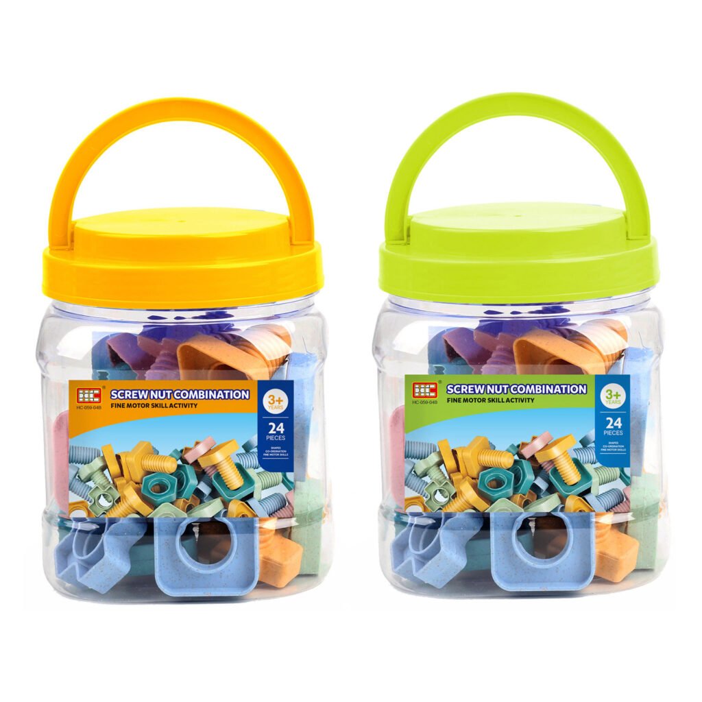 Educatief schroef- en moerset speelgoed in opbergpot met oranje deksel Bouwschroeven Pastel in Opbergbox