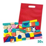 SES Tiny Talents houten bouwblokken set met 50 kleurrijke blokken en rode opbergtas SES Tiny Talents Houten Bouwblokken
