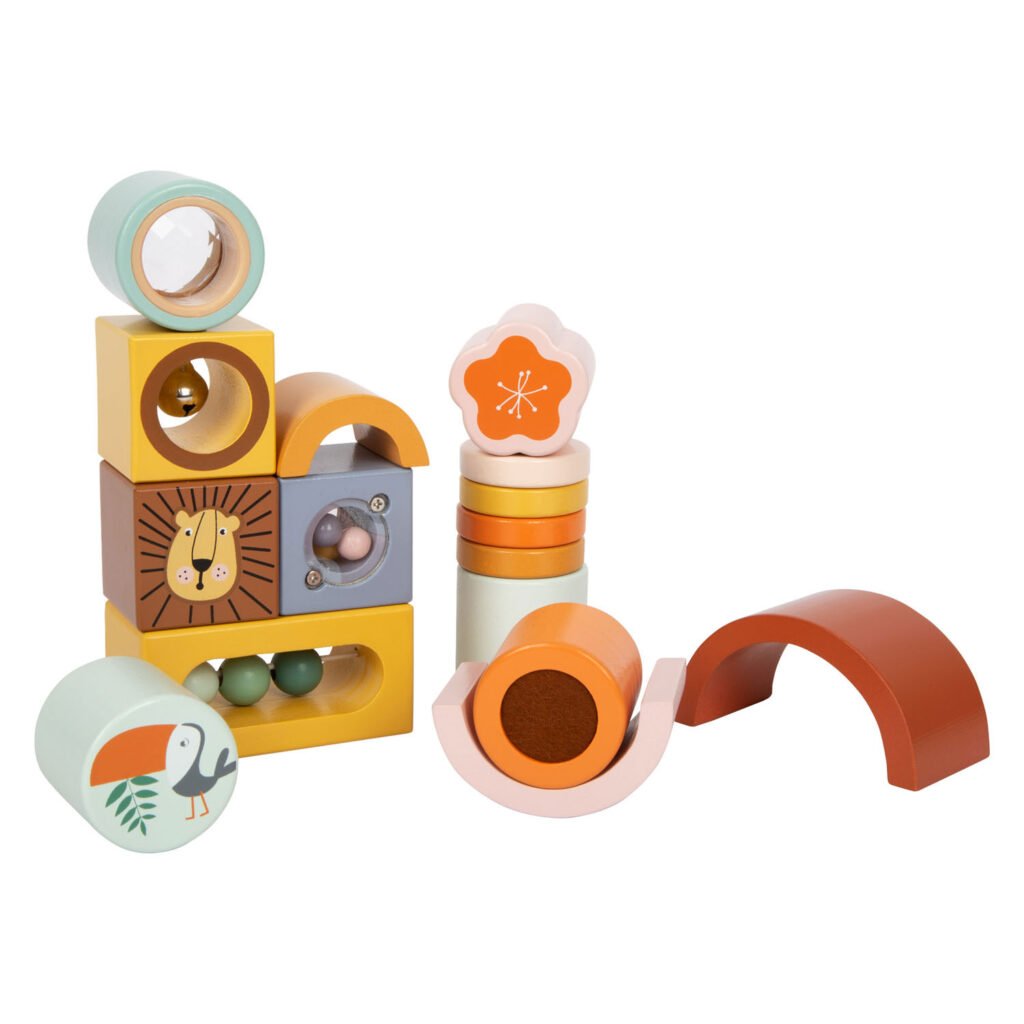 Complete houten sensorische speelgoedset met stapel- en ontdekblokken Small Foot - Houten Ontdekblokken Safari