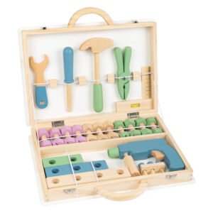 Geopende houten gereedschapskist met compleet speelgoedgereedschap Small Foot Houten Gereedschapskoffer Nordic