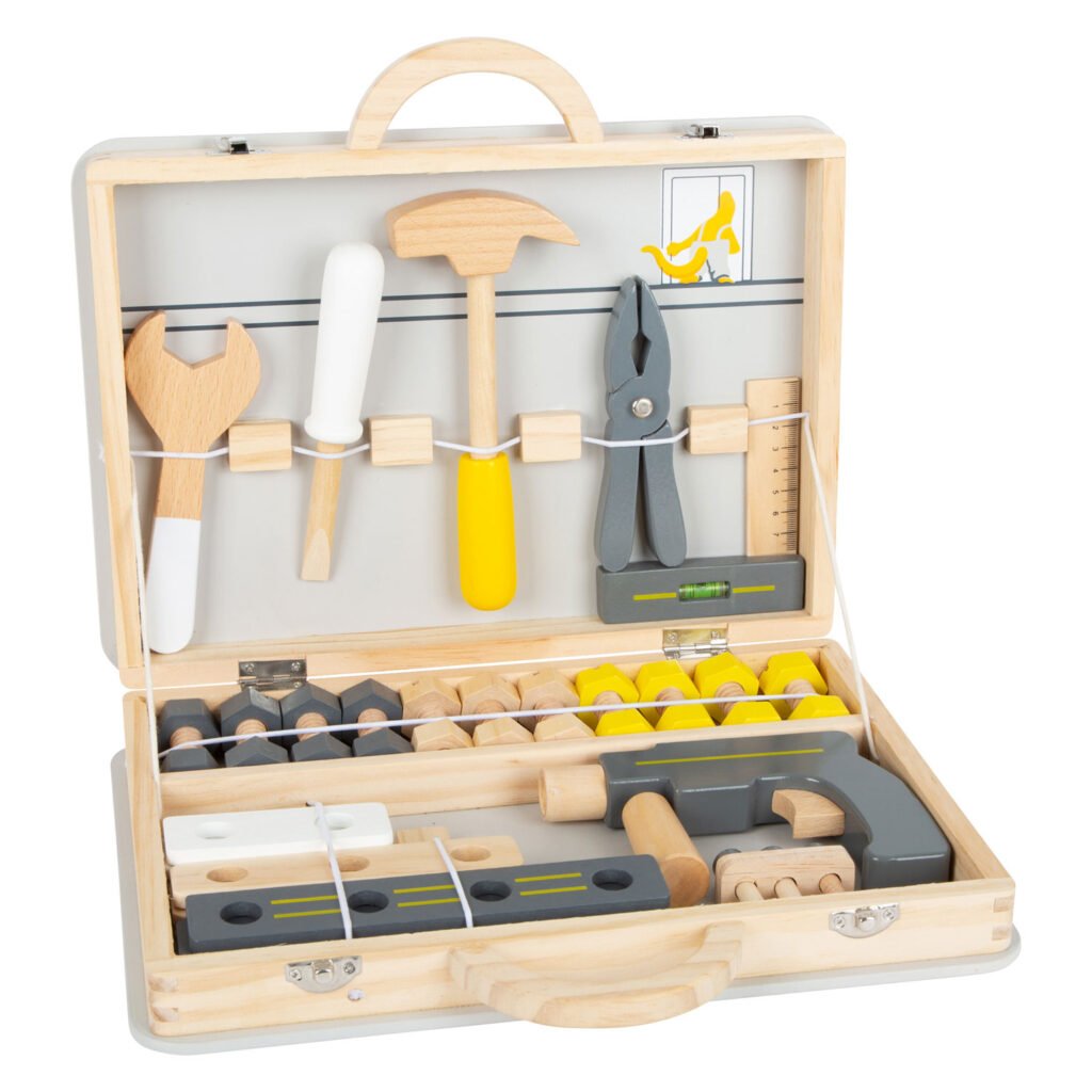 Geopende houten gereedschapskoffer met compleet speelgoedgereedschap Small Foot Houten Gereedschapskoffer Miniwob