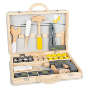 Geopende houten gereedschapskoffer met compleet speelgoedgereedschap Small Foot Houten Gereedschapskoffer Miniwob